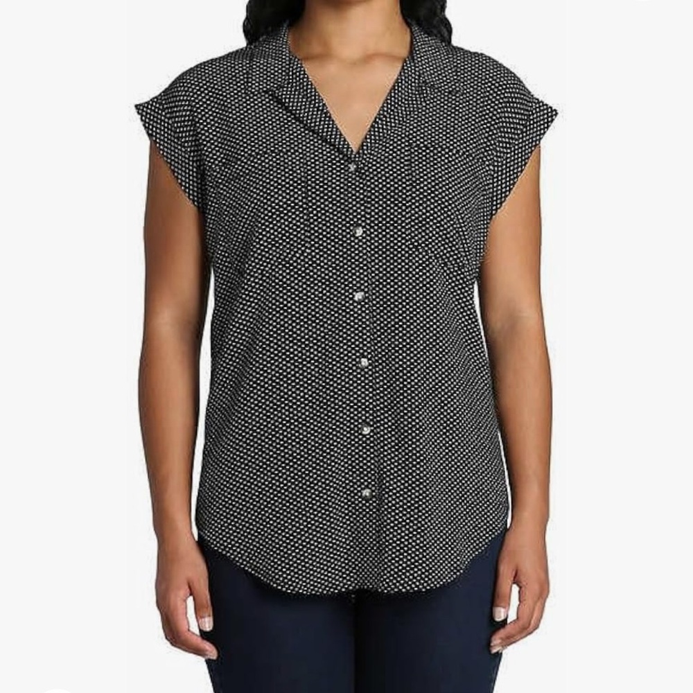 *Jachs Girlfriend Women’s Cap Sleeve Button Down Shirt Black Large